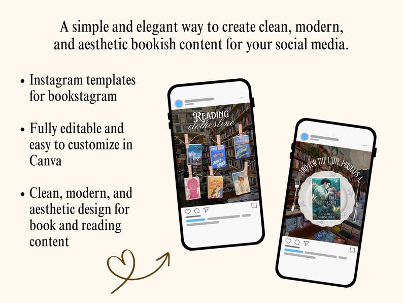 Peut inclure: Deux smartphones affichant des mod&egrave;les Instagram pour le contenu litt&eacute;raire. L'&eacute;cran de gauche montre des livres suspendus &agrave; une corde &agrave; linge, celui de droite un livre sur une assiette. Texte : A simple and elegant way to create clean, modern, and aesthetic bookish content for your social media. Instagram templates for bookstagram. Fully editable and easy to customize in Canva. Clean, modern, and aesthetic design for book and reading content.