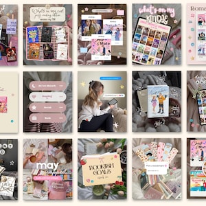 May include: A digital collage of fifteen square images featuring book-related content. The images display various book covers, e-reader screens, reading trackers, bookmarks, and text overlays like 'the book i finished', 'romance', and 'bookish goals'.