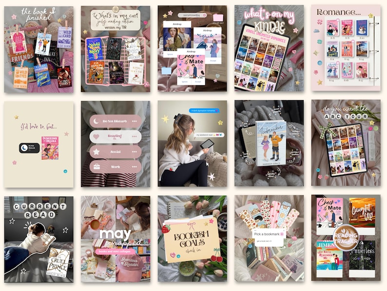 May include: A digital collage of fifteen square images featuring book-related content. The images display various book covers, e-reader screens, reading trackers, bookmarks, and text overlays like 'the book i finished', 'romance', and 'bookish goals'.