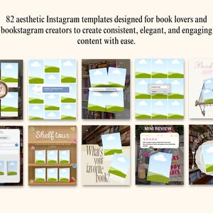 Peut inclure: Un ensemble de 82 mod&egrave;les Instagram num&eacute;riques pour les passionn&eacute;s de lecture, pr&eacute;sentant diverses mises en page avec des espaces r&eacute;serv&eacute;s pour des images, des zones de texte et des &eacute;l&eacute;ments graphiques comme des caddies, des &eacute;tag&egrave;res et des &eacute;toiles.