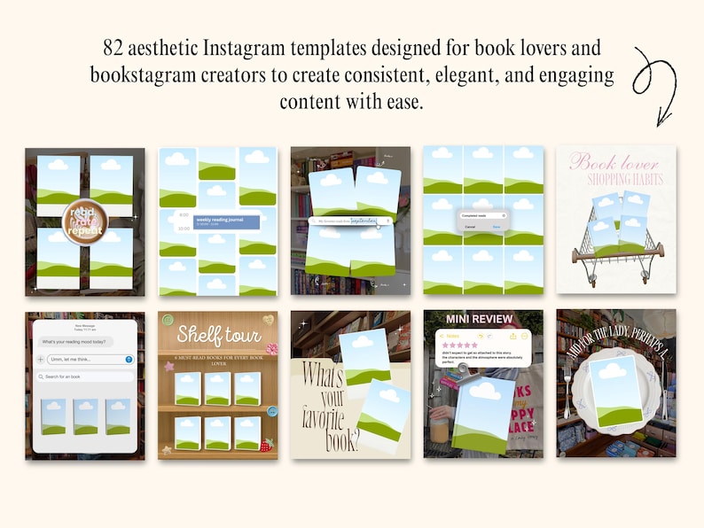 Peut inclure: Un ensemble de 82 mod&egrave;les Instagram num&eacute;riques pour les passionn&eacute;s de lecture, pr&eacute;sentant diverses mises en page avec des espaces r&eacute;serv&eacute;s pour des images, des zones de texte et des &eacute;l&eacute;ments graphiques comme des caddies, des &eacute;tag&egrave;res et des &eacute;toiles.