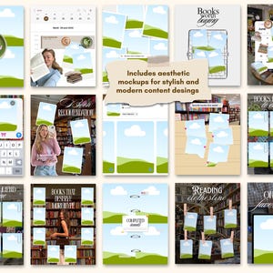Modèles de publications esthétiques Bookstagram pour Canva, tendance et chaleureux, pour iOS, destinés aux amoureux des livres, lecteurs, auteurs et créateurs de contenu. Kit réseaux sociaux image 4