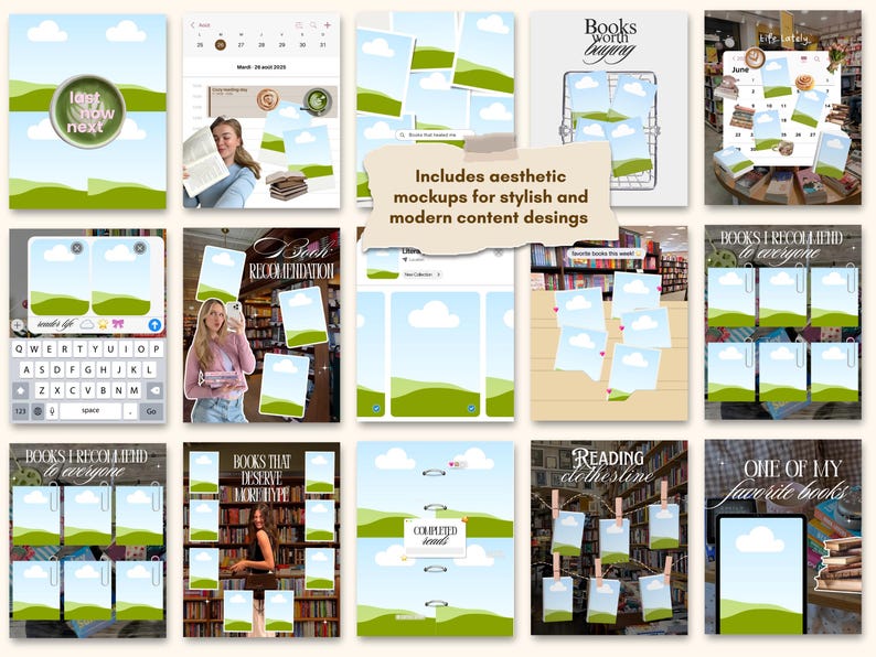 Modèles de publications esthétiques Bookstagram pour Canva, tendance et chaleureux, pour iOS, destinés aux amoureux des livres, lecteurs, auteurs et créateurs de contenu. Kit réseaux sociaux image 4