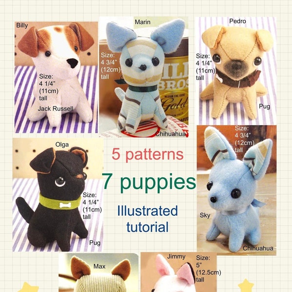 7 cute Puppies PDF sewing pattern Stuffed Animal DIY plush toy sewing tutorial Pug Jack Russell Chihuahua Bull Terrier Mixed breed dog