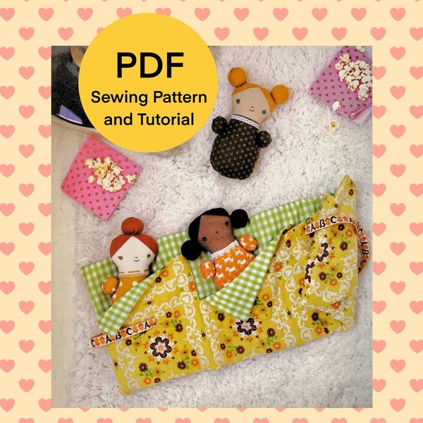 Doll Friends soirée pyjama peluches PDF patron de couture Poupée en peluche peluche tutoriel de couture, modèle de sac de couchage