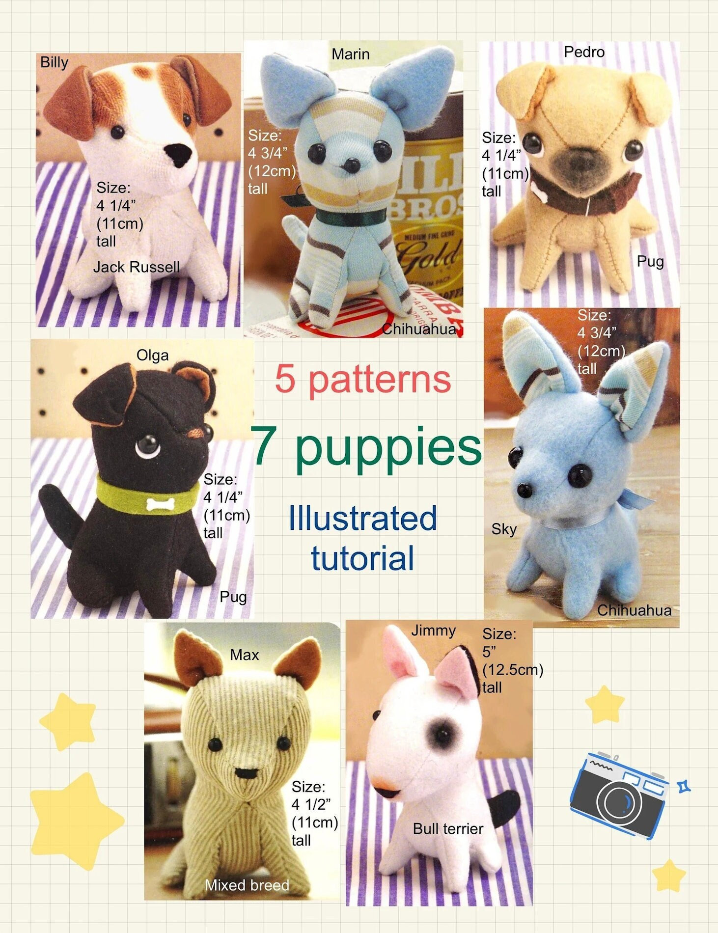 7 Cute Puppies PDF Sewing Pattern Stuffed Animal DIY Plush Toy Sewing Tutorial Pug Jack Russell Chihuahua Bull Terrier Mixed Breed Dog - Etsy