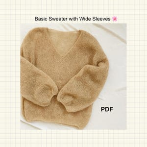 Op de afbeelding: Een beige trui met een V-hals en wijde mouwen. De tekst "Basic Sweater with Wide Sleeves" staat bovenaan en "PDF" onderaan. De trui is gemaakt van een zacht, getextureerd materiaal.