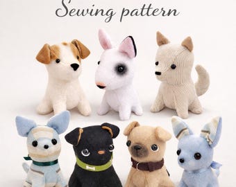 子犬のぬいぐるみの縫製パターン：チワワ、パグ、ブルテリア、ジャックラッセルテリア（PDF）