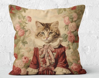 Coussin adorable chaton en robe rouge, fleurs rose-vert crème, toile française chic, rencontre entre le romantisme traditionnel et le moderne, # PR039, insert inclus