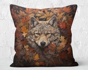 Graceful Wolf Autumn Splendor Pillow Thanksgiving Fall Brown Yellow Orange, Maple Leaf Accents, Vintage Artistry, #PR0148, Insert Included
