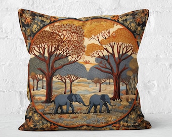 Two Elephants Pillow, Majestic Trees and African Safari, Earthy Brown Red Blue Gray, William Morris Inspired, #PR0134, Insert Included