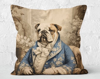 Stately Bulldog in Blue Toile Elegance Pillow, Blue Floral French Country Flair, Traditional Aesthetics, #PR034, Insert Included