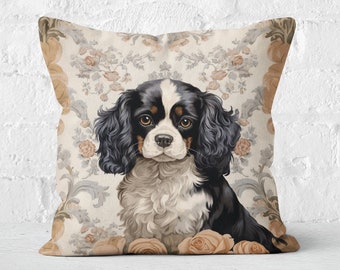 Tri-Color Cavalier King Charles Spaniel Pillow Pink Gray Floral Vintage Toile, Tricolor Cavi Lovers, #PR0113, Insert Included