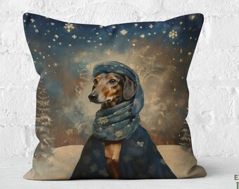 Starry Night Dachsie Pillow, Traditional Gold Navy Elegance, Winter, Christmas, Dachshund Lover Gift, #PR0635, Insert Included