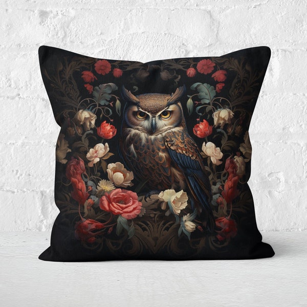 Elegant Owl Pillow, Dramatic Black Background with Pink Red White Green Florals, Victorian Charm, Farmhouse Decor, #PR0102, Insert Included