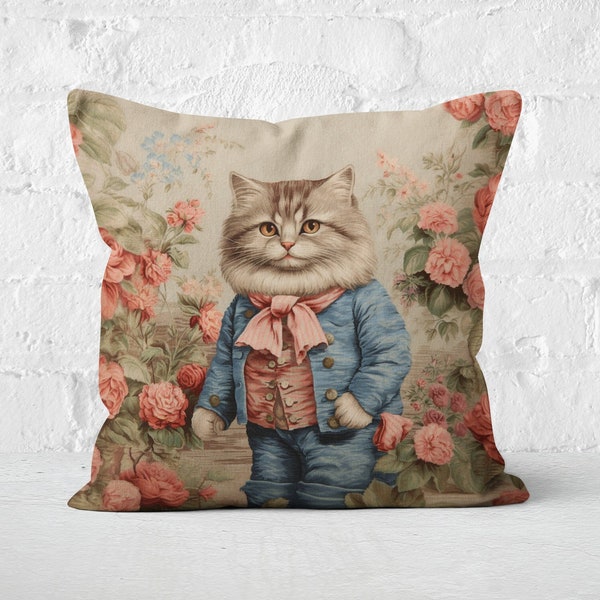 Whimsical Cat in Blue Outfit Pillow, Vintage Baroque Style, Rich Red Green Pink Florals, French Country Decor, #PR0101, Insert Included