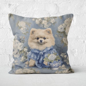 Pomeranian Pillow | Vintage Shabby Chic Cottagecore Floral Blue White, Pomi Lover Gift, #PR0346, Insert Included