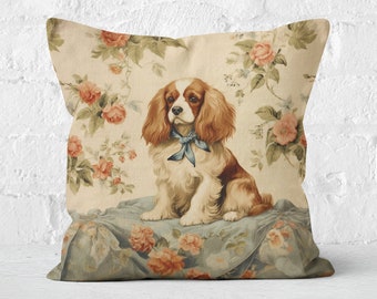 Cavalier King Charles Spaniel Pillow, Elegant Cavie Lover Gift, Floral Splendor, White Pink Cream Brown, #PR0058, Insert Included