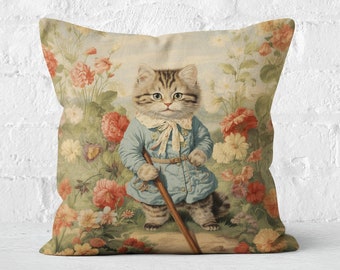 Whimsical Cat Pillow in Vintage Style, Blue with Green White Red Flowers, Shabby Chic Cottagecore, Cat Lover Gift, #PR0071, Insert Included