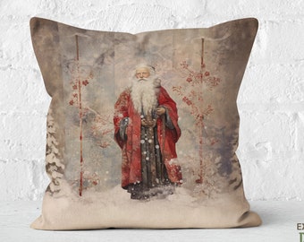 Yuletide Saint Nick Pillow Traditional Christmas Red Beige Festive Gift Santa Claus Cushion, #PR0658, Insert Included