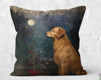 Moonlit Golden Dreams Pillow, Golden Retriever Cushion, Coastal Style, Navy Night Sky Gold, Retriever Lover Gift, #PR0625, Insert Included