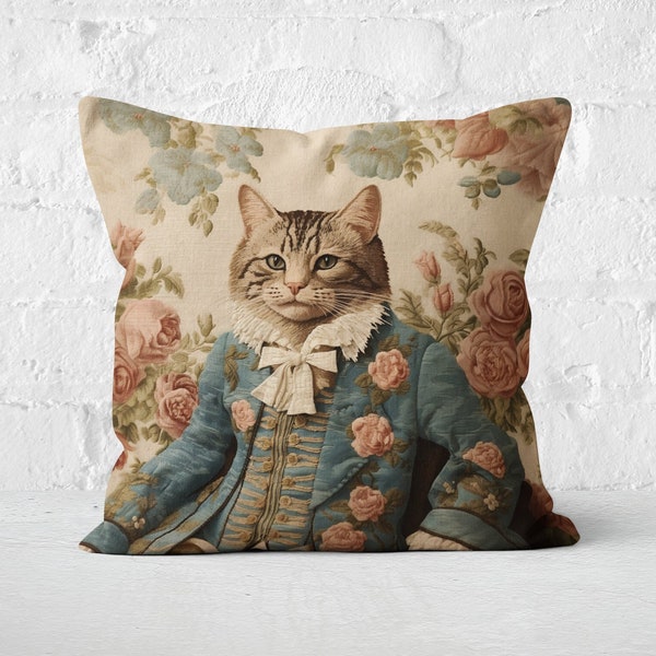 Stylish Cat Floral Pillow, Teal Beige Coral Pink Accents in Burgundy Baroque Toile, Shabby Chic, French Country, #PR0066, Insert Included