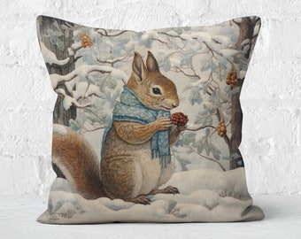 Winter Pillow - Winter Wonderland Squirrel Pillow Snowy Forest Scene Blue Scarf Detail Cozy Woodland Home Decor #PR0397 Insert Included