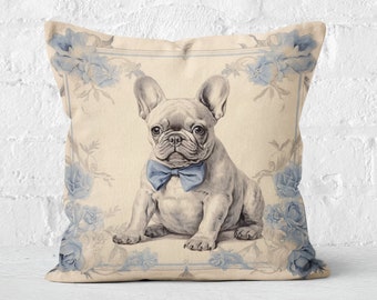 Chic French Bulldog Pillow French Toile Elegance, Blue Cream Beige Floral Harmony, Cottagecore, Frenchie Lover Gift, #PR052, Insert Included