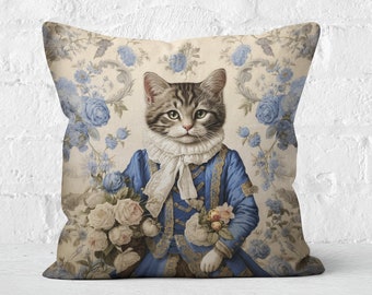 Princess Cat in Blue Dress Pillow, Baroque Style, Blue White Floral Elegance, French Toile Grace, Cat Lover Gift, #PR041, Insert Included