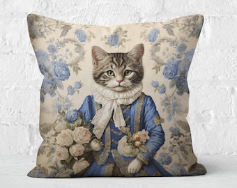 Princess Cat Pillow: Blue Baroque Floral Faux Suede, Cat Lover Gift