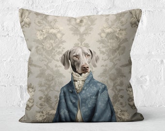 Almohada aristocrática Weimaraner gris, Toile francés vintage ecléctico, floral azul pizarra beige, regalo amante de Weimaraner, #PR0371, inserto incluido