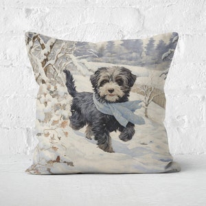 Havanese Winter Pillow - Vintage Rustic Bohemian Cream Blue Gray, Hava Lover Gift, #PR0426, Insert Included