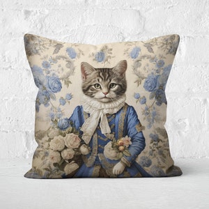 Princess Cat Pillow: Blue Baroque Floral Faux Suede, Cat Lover Gift image 1