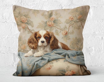 Blenheim Cavalier King Charles Spaniel Pillow, Vintage Floral, Cream and Pastel Rose, Spaniel Lover Gift, #PR0372, Insert Included