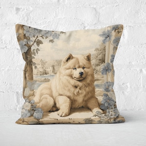 Cream Chow Chow Scenic Pillow | Vintage Bohemian French Country Beige Blue | Chow Lover Gift, #PR0333, Insert Included