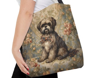 Charming Shih Tzu & Vintage Roses Tote Bag, Beige Floral Dog Lover Gift, Shopping Bag for Tzu Enthusiast, Large Carry-All, #PR0158