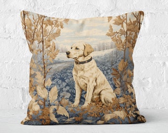 Labrador Retriever Thanksgiving Pillow - Vintage Rustic Farmhouse Beige Blue Gold - Lab Lover Gift, #PR0405, Insert Included