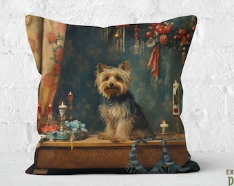 Heirloom Yorkie Pillow, Renaissance Charm, Deep Emerald and Gold, Yorkshire Terrier Lover Gift, #PR0606, Insert Included