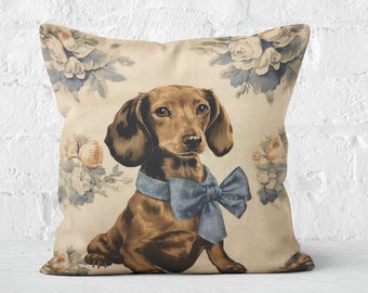 Cute Dachshund & Flowers Pillow, French Toile, Brown Blue Pink Cream Beige Floral Harmony, #PR045, Insert Included