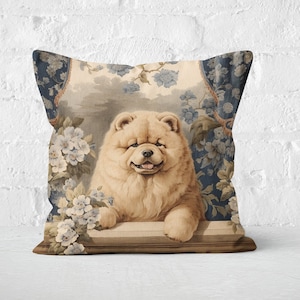 Cream Chow Chow Pillow | Vintage Floral Cushion | Fluffy Dog Throw Pillow, Chow Lover Gift, #PR0343, Insert Included