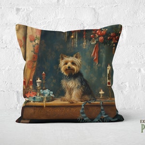 Renaissance Yorkie Pillow: Emerald & Gold Faux Suede, Yorkshire Terrier Gift