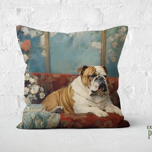 Bulldog Baroness Pillow, Traditional Floral Art Deco Style, Cream Red Blue, Bulldog Mom Gift, #PR0633, Insert Included