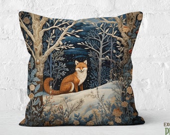 Midnight Mystic Fox Dream Pillow, Tranquil Scandinavian Decor, Christmas Navy Beige Copper, Fox Lover Gift, #PR0578, Insert Included