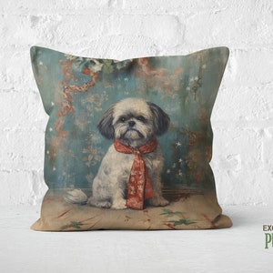 Shih Tzu Pillow: Winter Florals, Teal & Terracotta, Dog Lover Gift