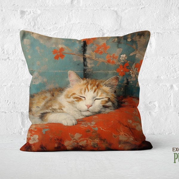 Vintage Calico Cat Pillow, Cozy Cottagecore Home Decor, Orange Teal Floral Accent, Cat Lover Gift, PR0534, Insert Included