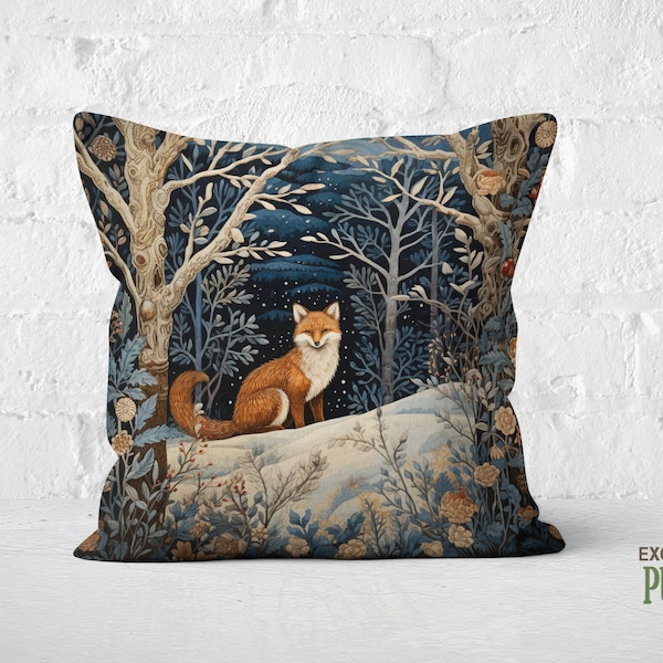 Midnight Mystic Fox Dream Pillow, Tranquil Scandinavian Decor, Christmas Navy Beige Copper, Fox Lover Gift, #PR0578, Insert Included