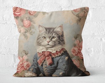 Victorian Cat Pillow: Blue Suit, French Toile Floral Design