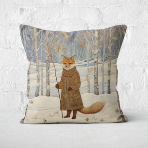 Winter Fox Pillow - Elegant Snowy Forest Scene, Rustic Blue and White Throw Cushion with Fox, Fox Lover Gift, #PR0394 Insert Included