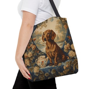 Charming Dachshund Tote Bag, Doxie Lover's Dream, Vintage Teacup & Floral Scene, Perfect for Sausage Dog Enthusiasts, Everyday Tote, #PR0181