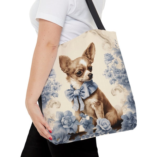 Chihuahua Tote Bag Floral Canvas Design, Beige Carryall with Blue Blooms, Shopping Bag, Chi Lover Gift, Everyday Use, #PR0197